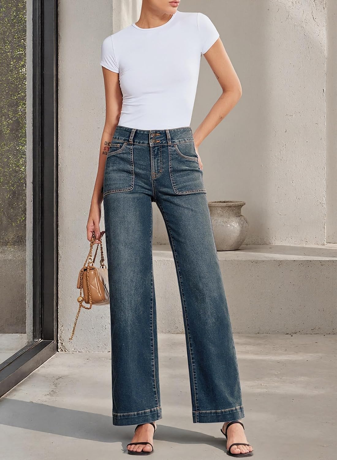 Sidefeel Women's Wide Leg Jeans High Waisted Stretchy Tummy Control Straight Leg Denim Pants