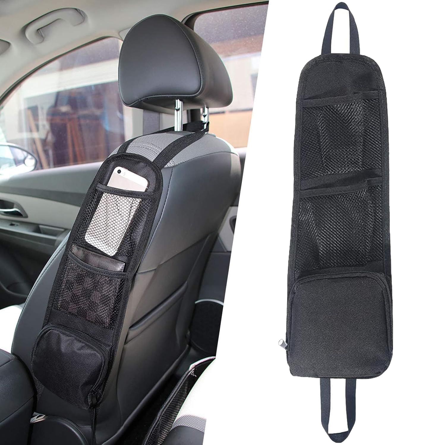 URAQT Auto Organizer, Autositz-Seitenorganisator, Faltbare Auto Aufbewahrungstasche Netztaschen, Multifunktionale Autositz Aufhängetasche mit Mehreren Taschen für LKW, Van, SUV, Schwarz