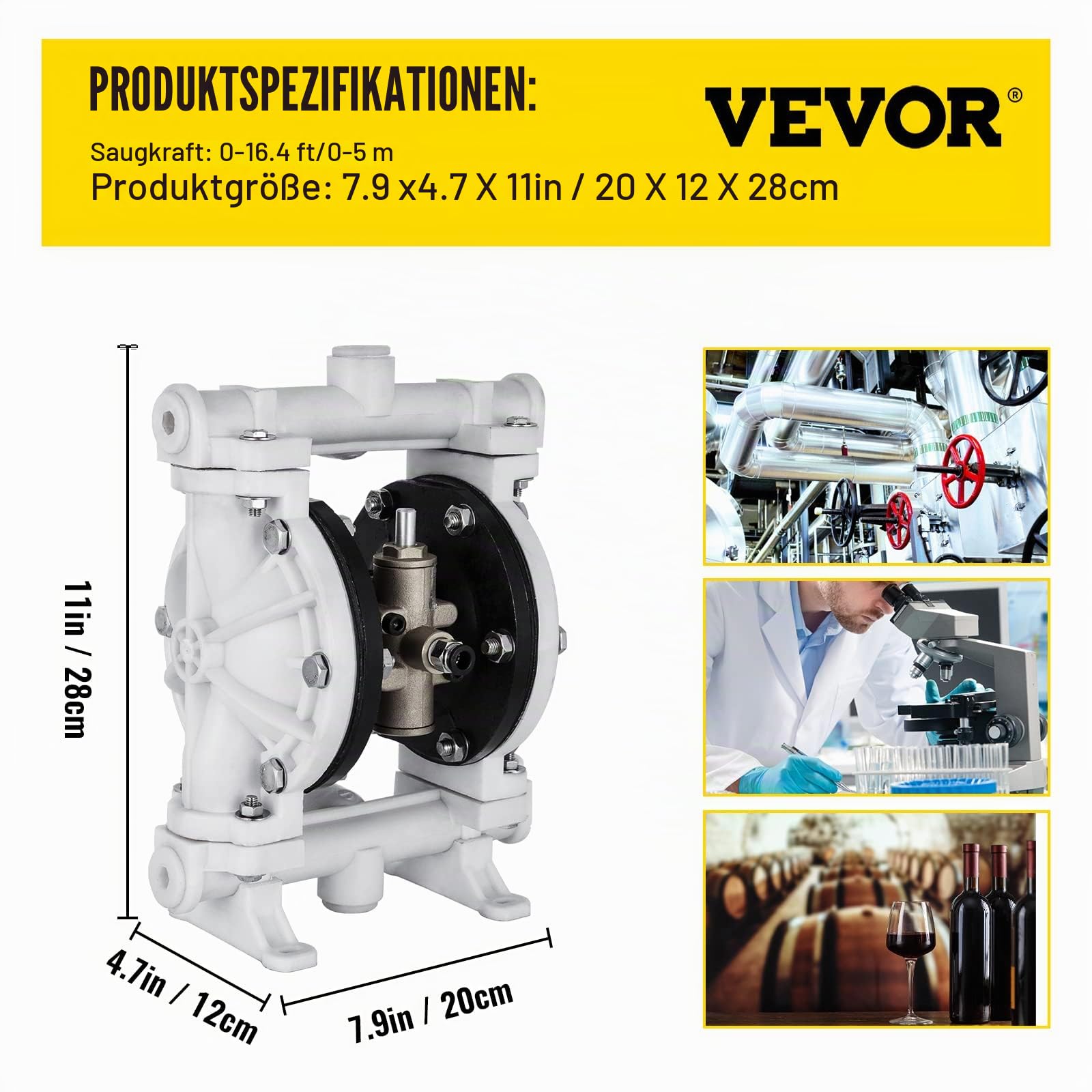 VEVOR Druckluftbetriebene Doppelmembranpumpe, 1/2 Zoll Einlass und Auslass, Polypropylen-Gehäuse, 13,2 GPM und max. 120PSI, PTFE-Membran-Pneumatikpumpe für Erdöl, Diesel, Öl