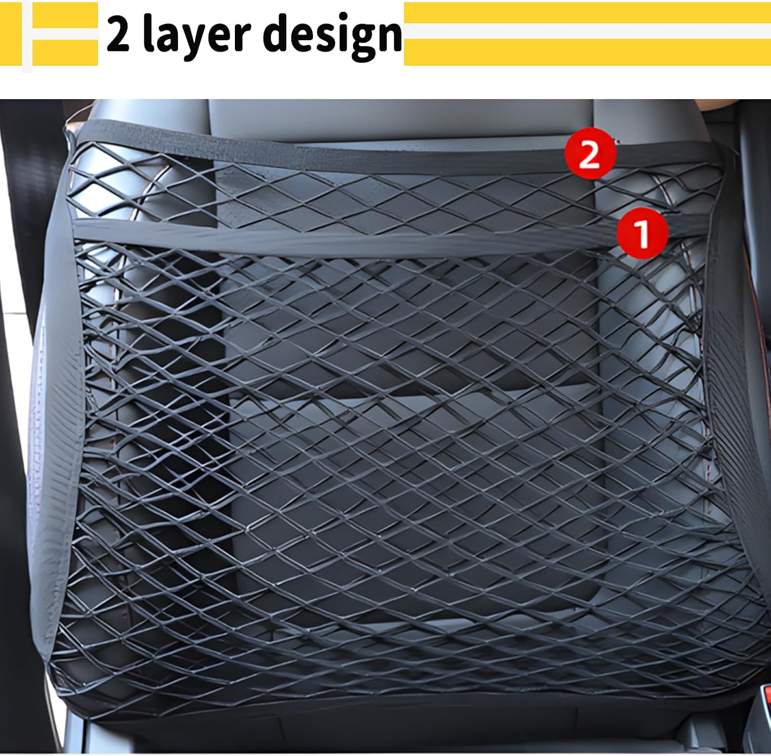 Car Seat Net Passenger Seat Caddy, Double Layer Front Seat Versatile Elastic Organizer Net Purse Holder Most Sizes Shapes Universal for GMC Ford Toyota No Removal Required, 19.69" x 15.75"
