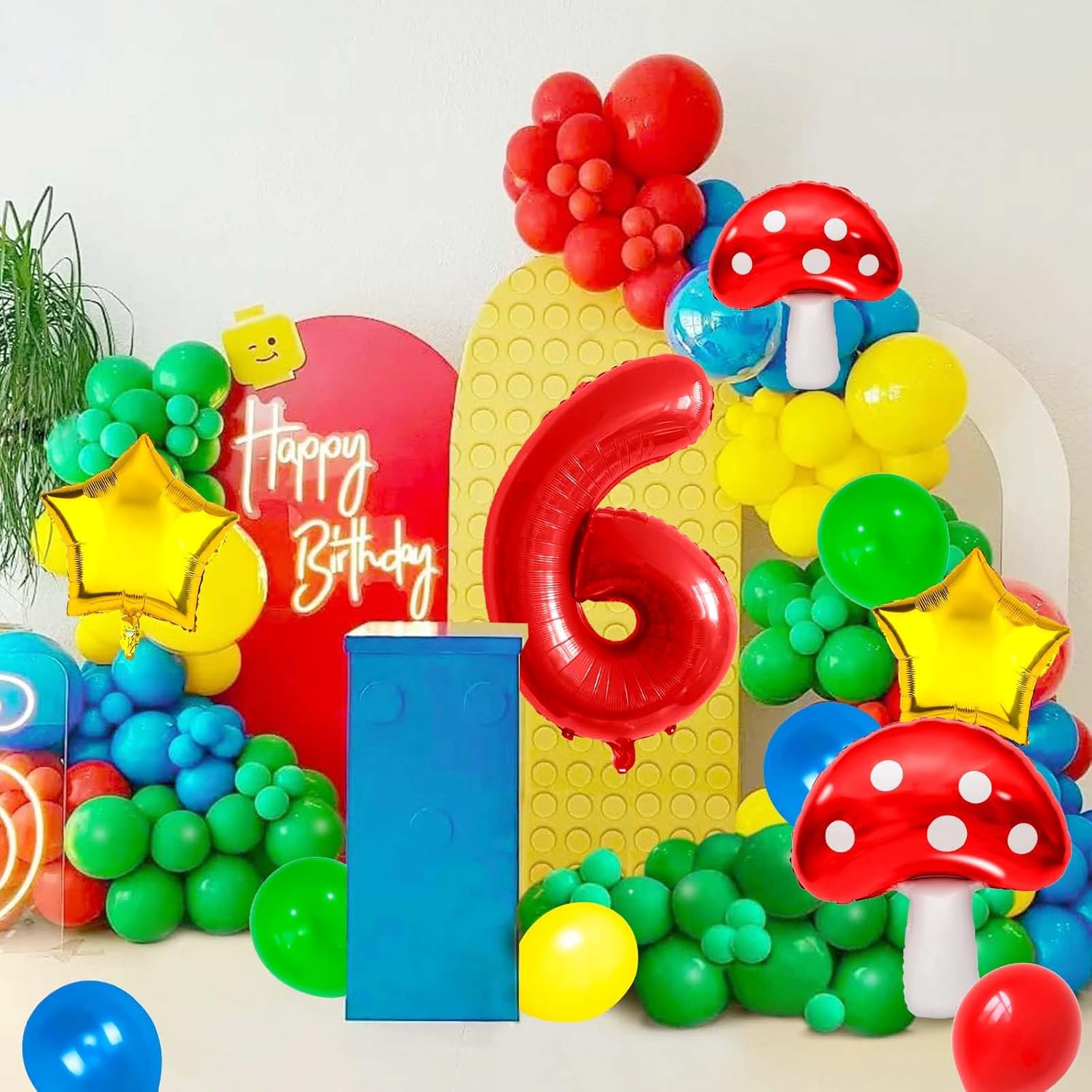 6 Balloon Number Red Blue Green Yellow Balloon Cartoon Mushroom Decorations Star Balloons for Birthday, Carnival, Party Activities, Cartoon Video Game Theme Party Supplies