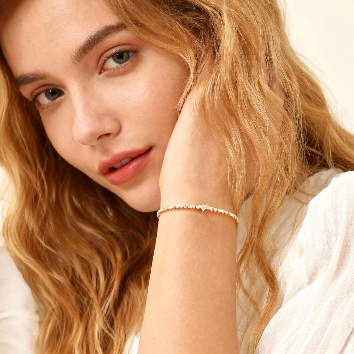 Gold Heart Tennis Bracelet for Women - 14K Gold Plated Heart Cubic Zirconia Link Bracelet, Adjustable Dainty Minimalist Design, Trendy Anniversary Birthday Christmas Jewelry Gift for Her - Image 2