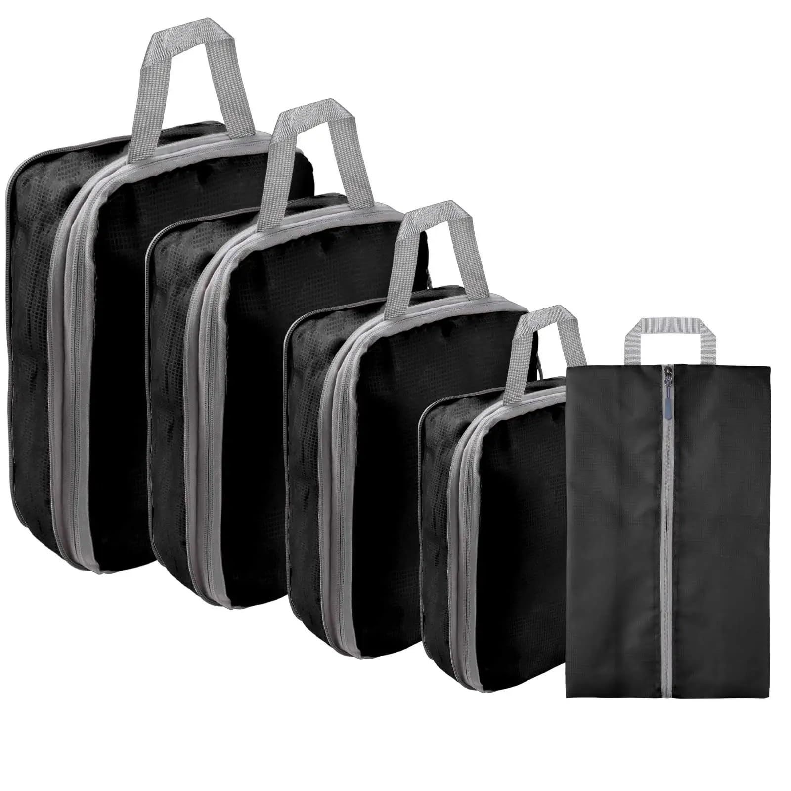 5pc Set Compression Packing Cubes Extensible Waterproof Organizer Bags for Travel Suitcase Clothing Luggage Sorting W/Shoe Bag for Suitcases(Black)