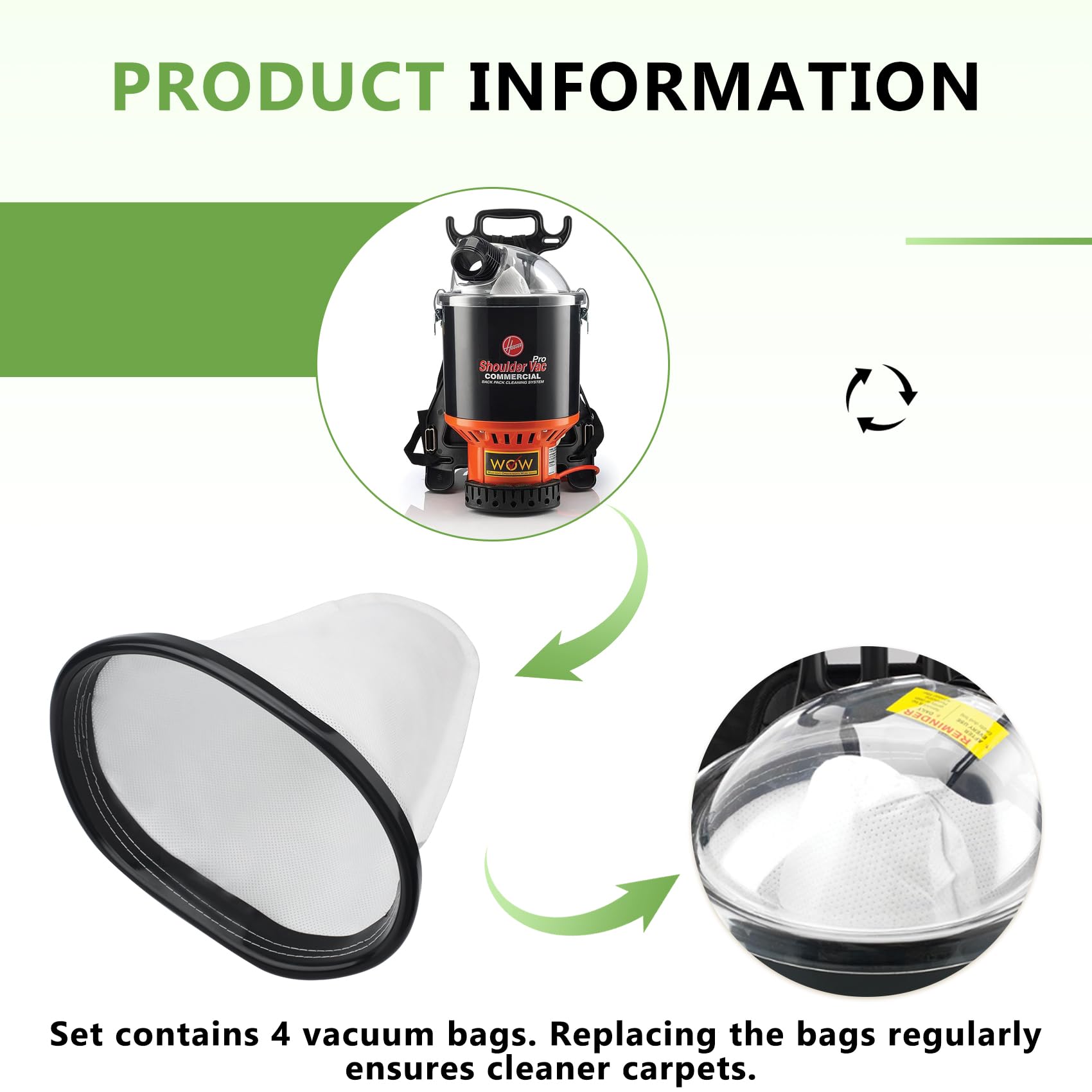 2KE2105000 - Paquete de 4 bolsas de tela HEPA para aspiradora de hombro Hoover, mochila Vac Pro