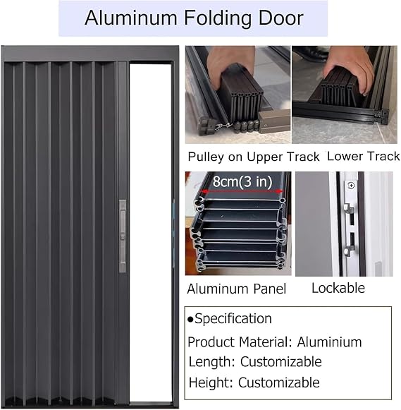 Blcak Folding Accordion Doors Room Dividers Aluminum, Large Interior Sliding Door for Doorway, Bathroom Shower, Basement and Small Space, Accordion Exterior Patio Door(WxH 25x80in(63.5x203cm))