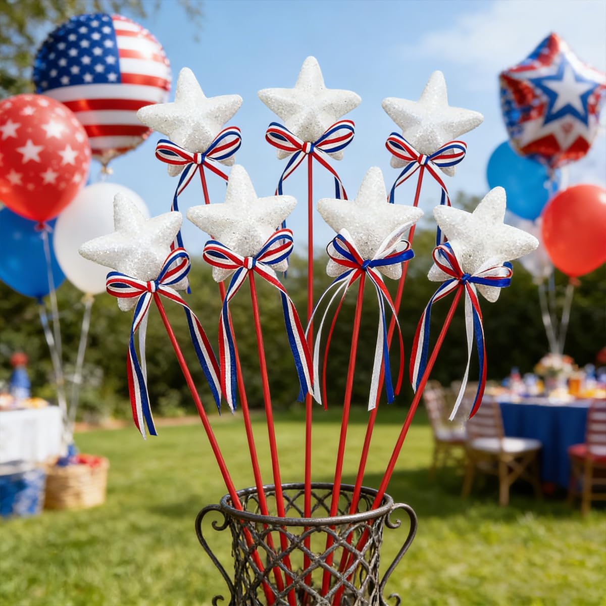 4th of July Glitter Puffy Star Flower Picks Foam Sparkly Sticks for Party Crafts Table Supplies Decorations (White)