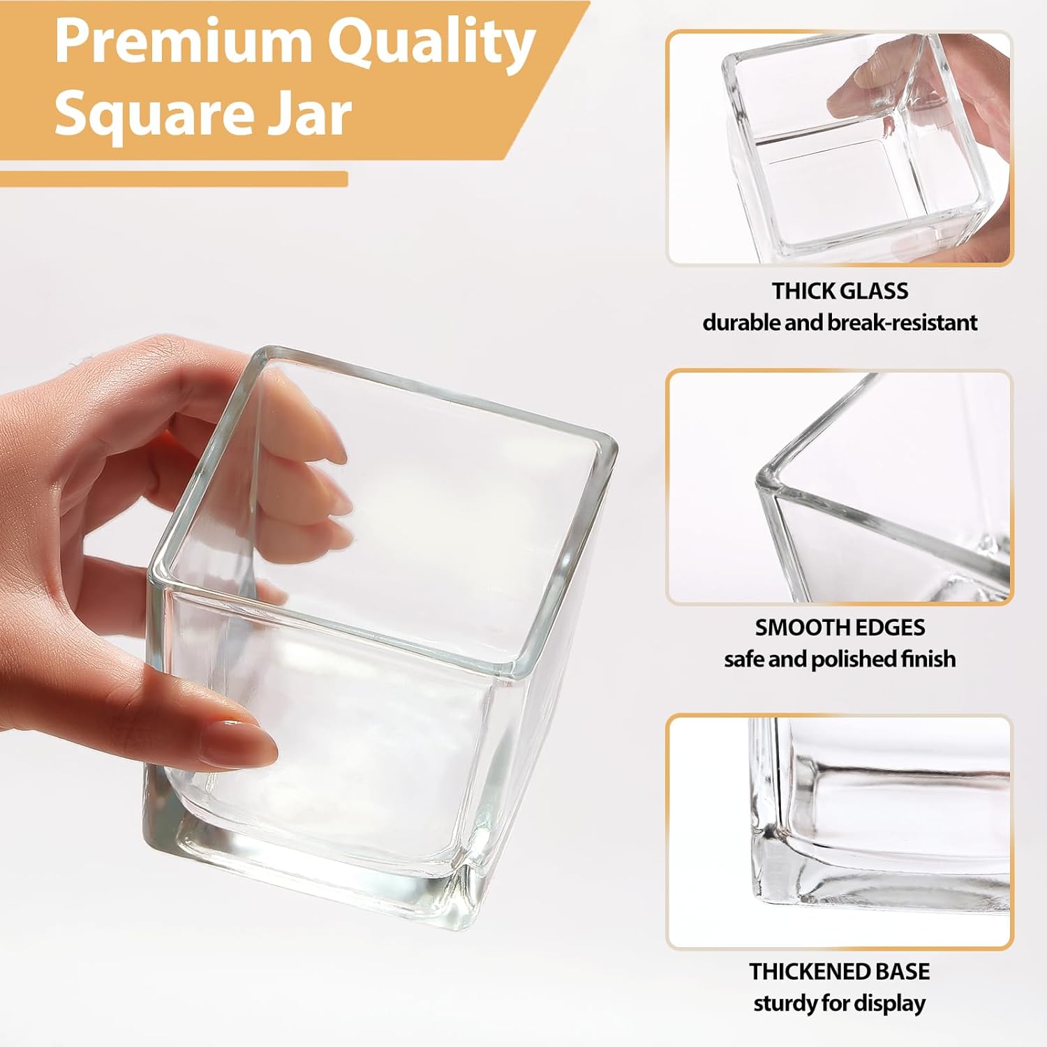 CONNOO 12 Pack 9oz, 3oz Clear Square Candle Jars for Making Candles, Thick Glass Bulk Empty Candle Containers with Airtight Bamboo Lids for Candle Making, Sticky Warning Labels - Dishwasher Safe