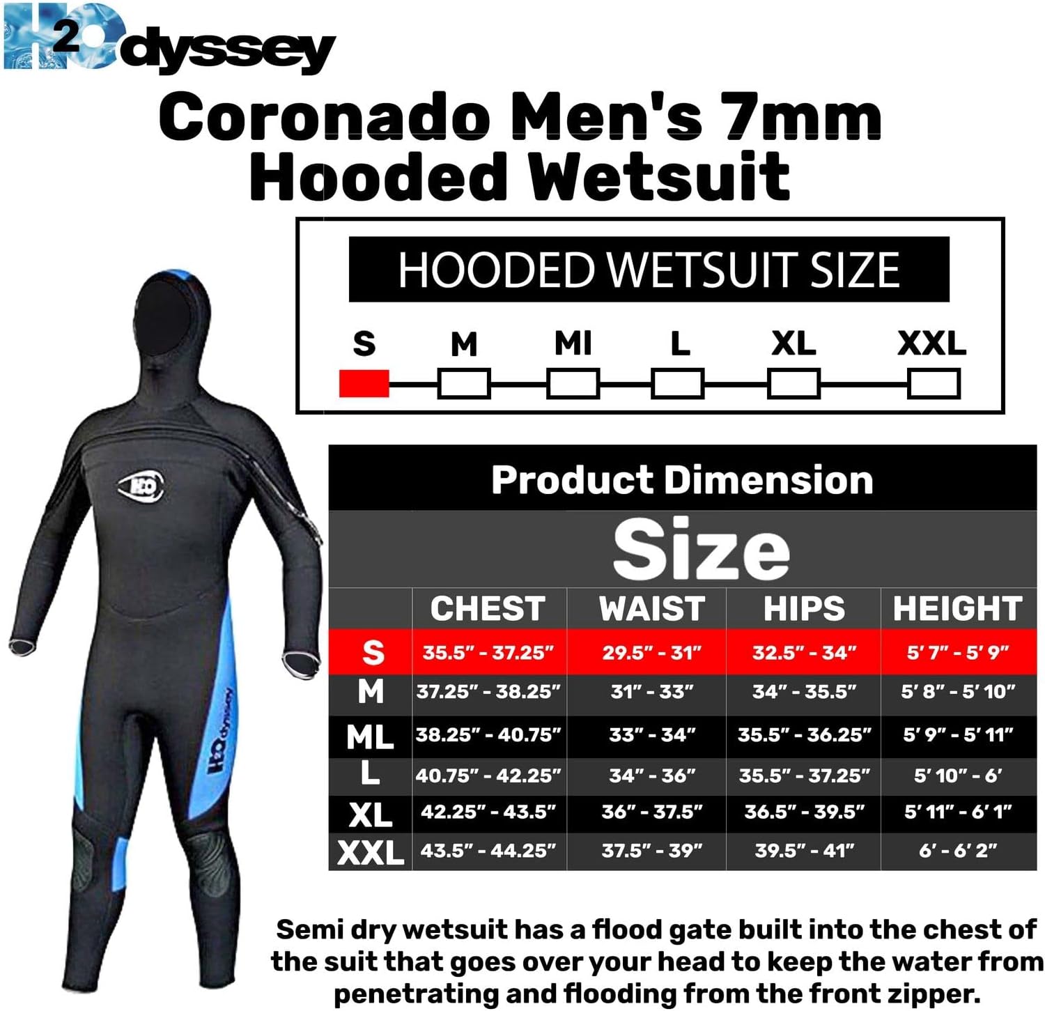 H2odyssey Coronado Mens Hooded Wet Suit - 7mm Neoprene Mens Suit for Scuba Diving - Front Zip Wetsuit for Men