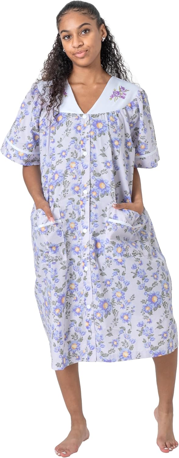 Women's Short Sleeve Woven Snap-Front Closure Floral Embroidery Housecoat Duster Lounge Nightgown Robe with Front Pockets - Image 3