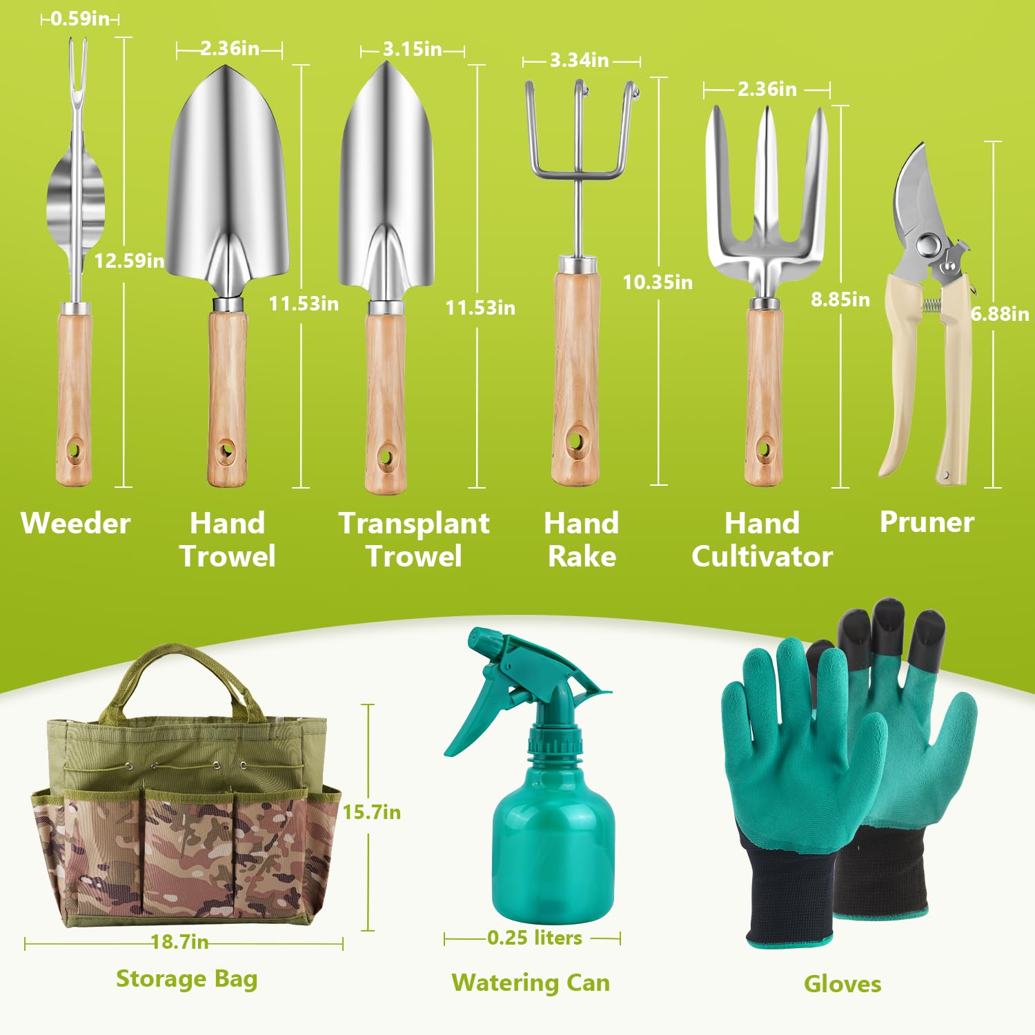 Juego de herramientas de jardinería de alta resistencia con bolsa organizadora de herramientas de jardín duradera, guantes de goma antideslizantes, juego de herramientas de jardín a prueba