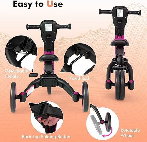 Miniatura 3 de BABY JOY Triciclo plegable 4 en 1 para niños pequeños triciclo plegable para niños bicicleta de equilibrio para bebés con mango de empuje ajustable