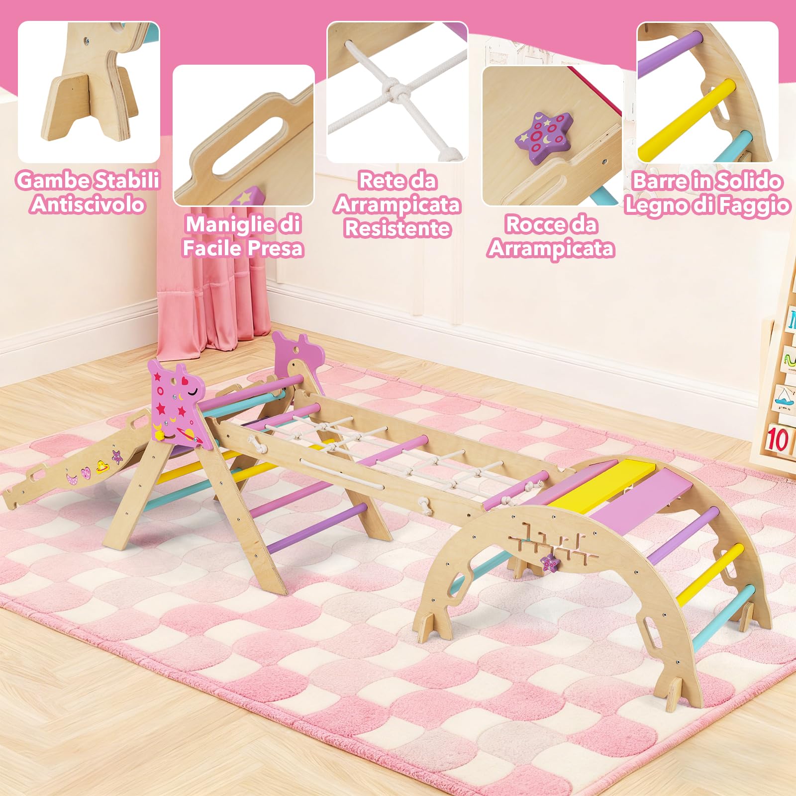 RELAX4LIFE Set da Arrampicata per Bambini, Triangolo di Arrampicata con Scivolo e Arco, Gioco di Incastri in Legno, Gioco Montessori per Bambini 1+ Anni (Unicorno-4 Pezzi | Macaron)