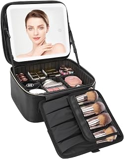 Relavel Travel Makeup Bag with LED Mirror - Portable Cosmetic Train Case, Adjustable Dividers, Brush Holder, Black
