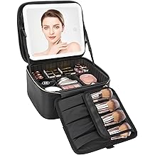 Relavel Travel Makeup Bag With LED Mirror, Cosmetic Train Case with Light up Mirror, Portable Makeup Artist Organizer Bag with Adjustable Dividers, Makeup Brush Holder Storage, Black