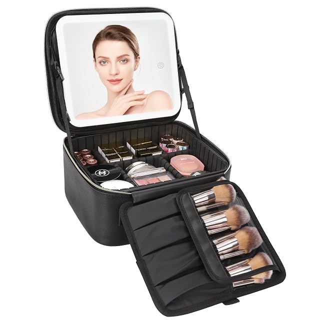 Relavel Travel Makeup Bag With LED Mirror Cosmetic Train Case with Light up Mirror Portable Makeup Artist Organizer