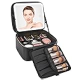 Relavel Travel Makeup Bag With LED Mirror, Cosmetic Train Case with Light up Mirror, Portable Makeup Artist Organizer Bag with Adjustable Dividers, Makeup Brush Holder Storage, Black