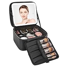 Relavel Travel Makeup Bag With LED Mirror, Cosmetic Train Case with Light up Mirror, Portable Makeup Artist Organizer Bag with Adjustable Dividers, Makeup Brush Holder Storage, Black