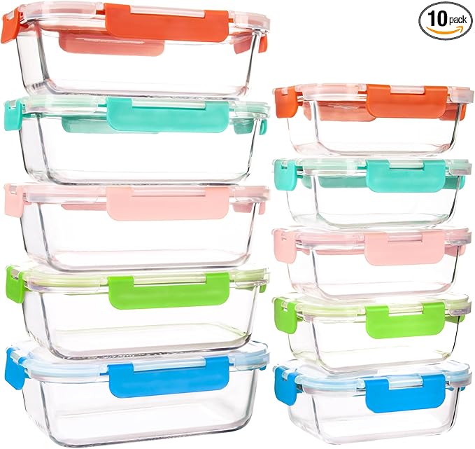 UMEIED 10 PACK Glass Food Storage Containers with Leak Proof Lids, Glass Airtight Meal Prep Containers Set for Lunch, On the Go, Leftover, Kitchen Pantry Organizers and Storage (Multicolor)