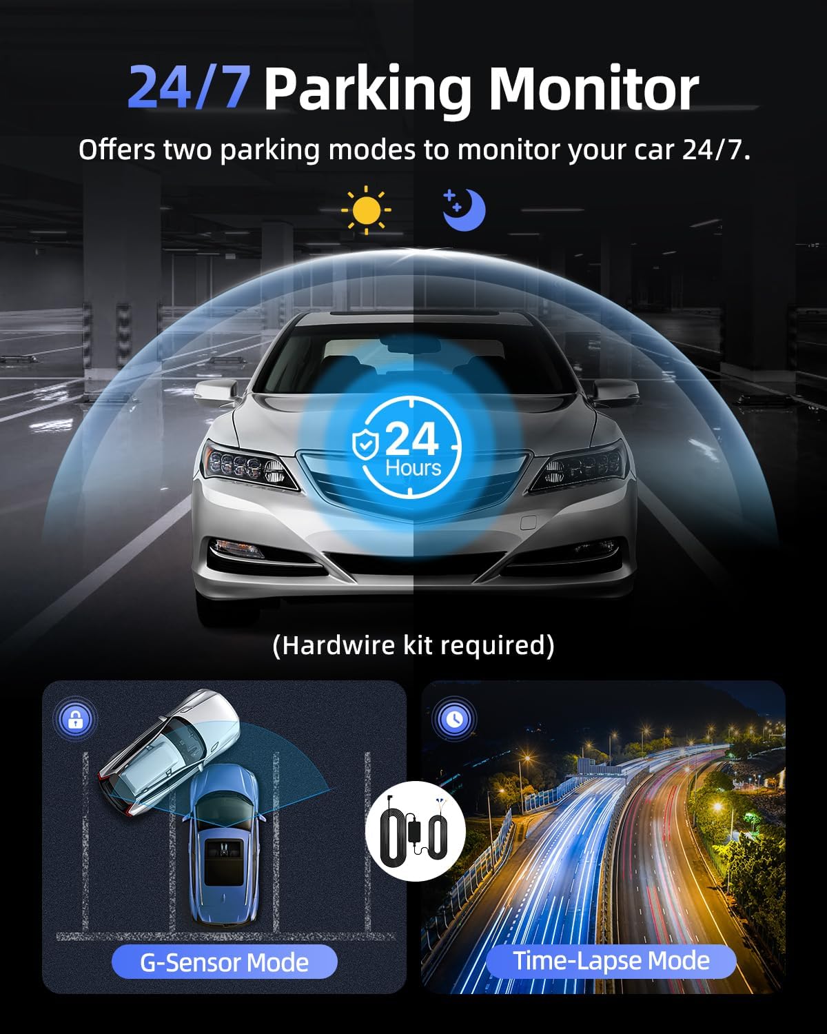Car with 24 hour shield icon and two parking modes: G-Sensor and Time-Lapse