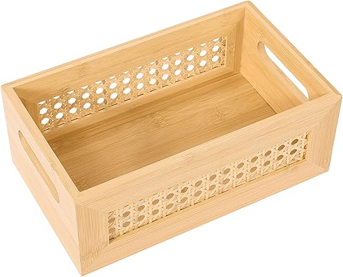 Miniatura 9 de LaMorée - Canasta de almacenamiento de ratán, cesta de almacenamiento tejida natural de bambú hecha a mano con marco de madera y asas, caja