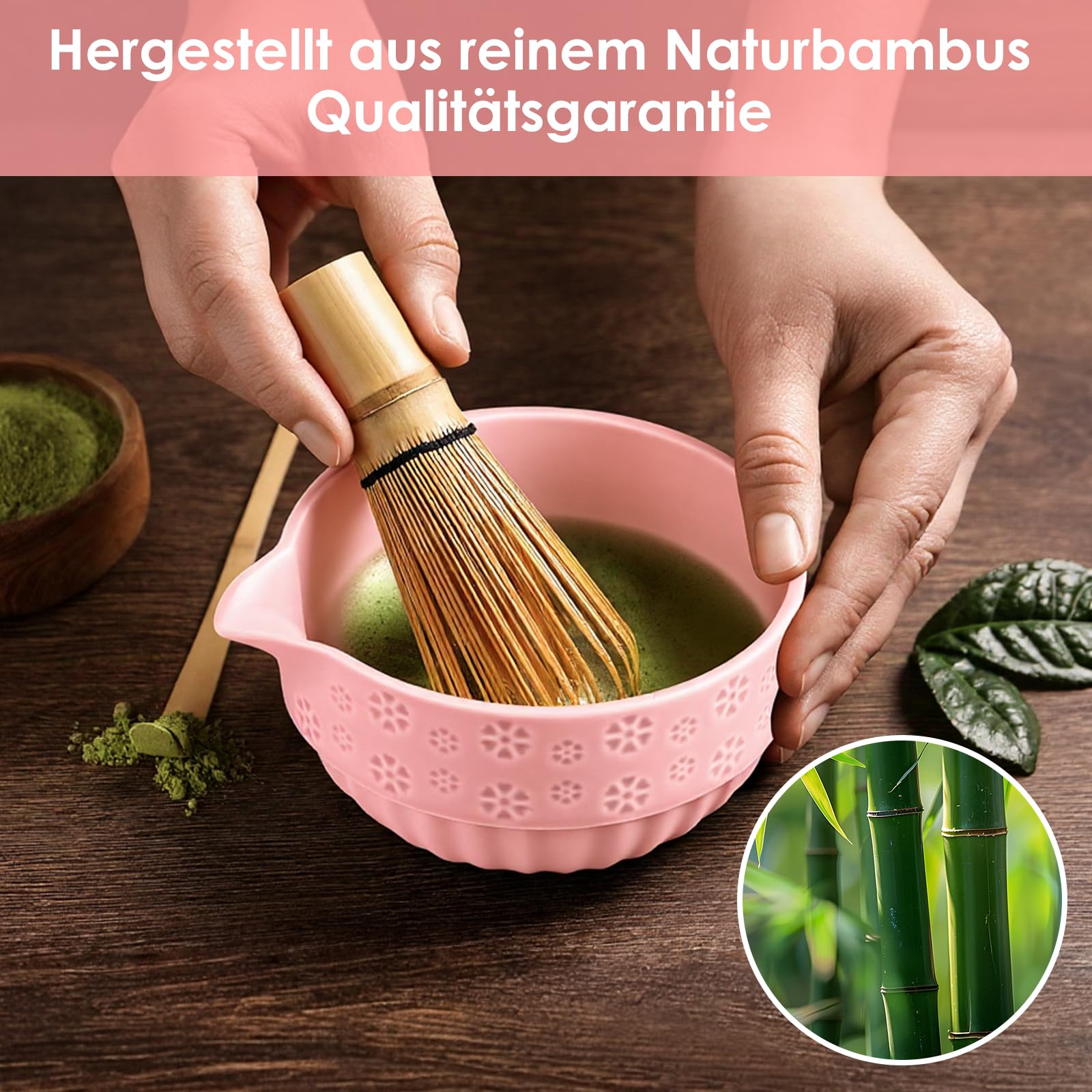 5-teiliges Matcha-Set, japanisches Teeservice, Matcha-Schüssel aus Bambus (Chasen), Löffel (Chashaku), Matcha-Scheibenhalter, Edelstahl-Sieb (Rosa mit Ausguss)
