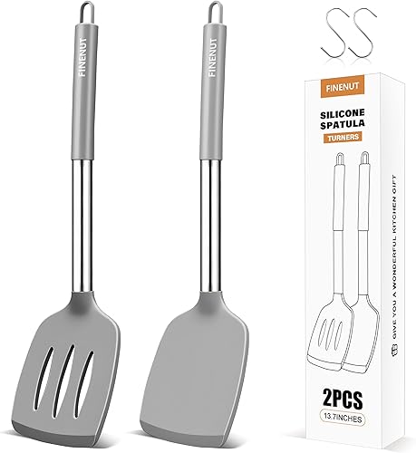 Juego de 2 espátulas de silicona sólidas y ranuradas, para voltear pescado, panqueques, huevos, a prueba de arañazos para sartenes antiadherentes,