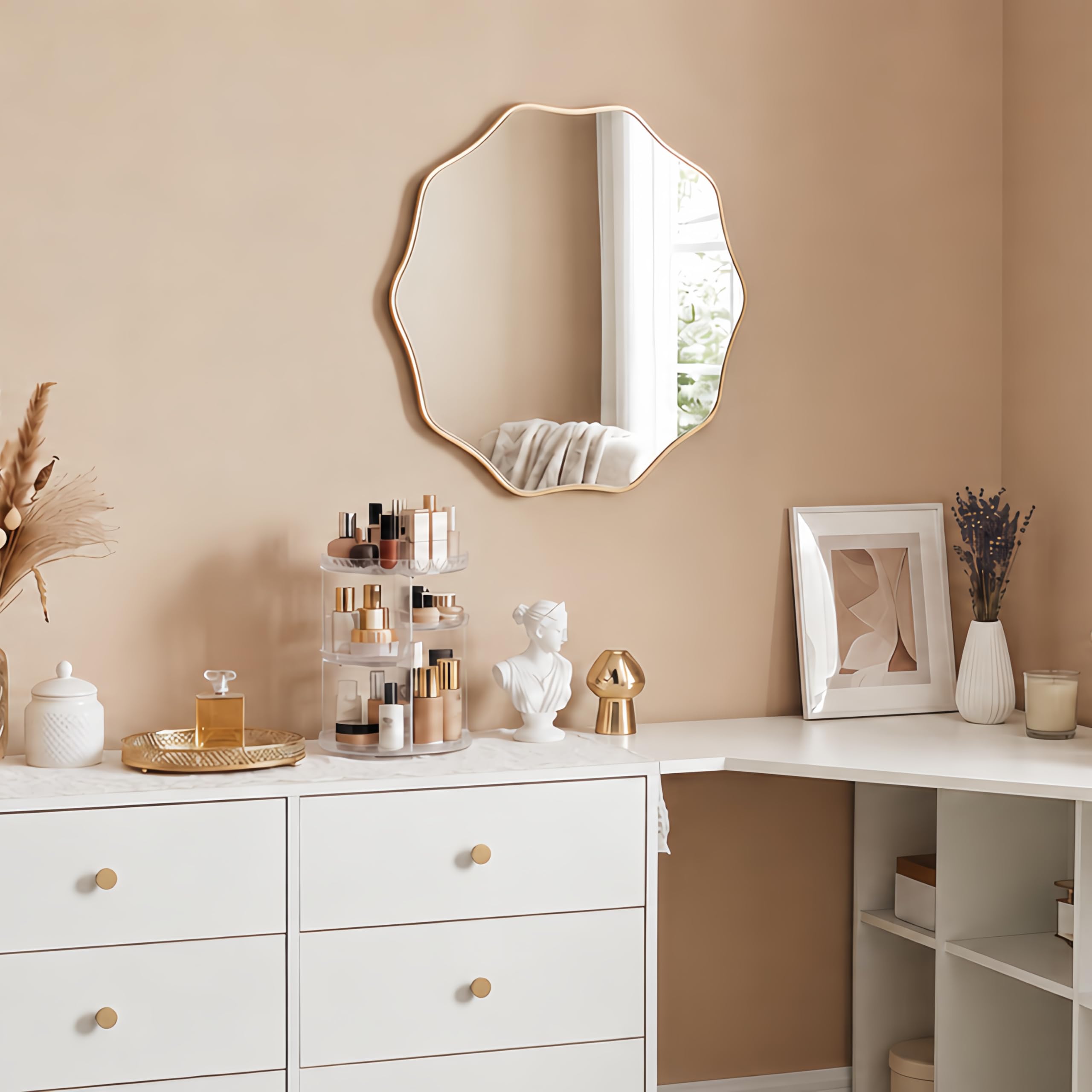 PERFNIQUE Specchio da parete rotondo ondulato con cornice in legno, specchio decorativo da appendere o appoggiare, specchio da bagno, specchio da corridoio, soggiorno, design in legno naturale (oro