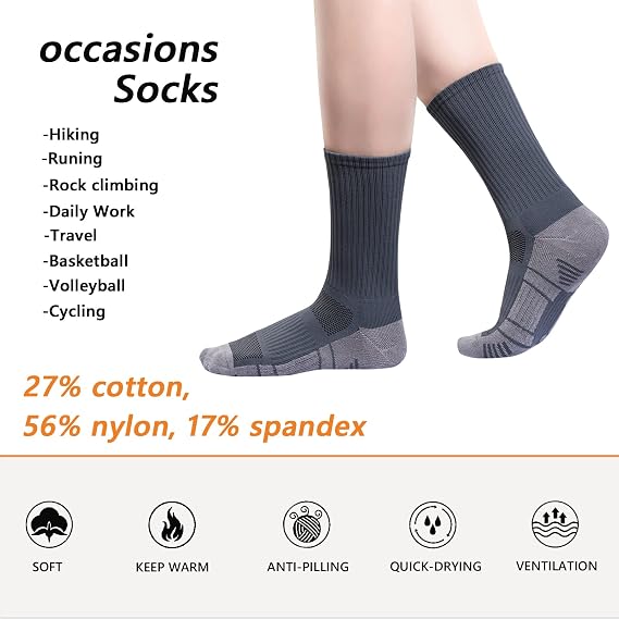 Athletic Hiking Socks for Mens and Womens Arch Support Compression With Cushion Moisture Wicking Crew Socks 3 Pairs