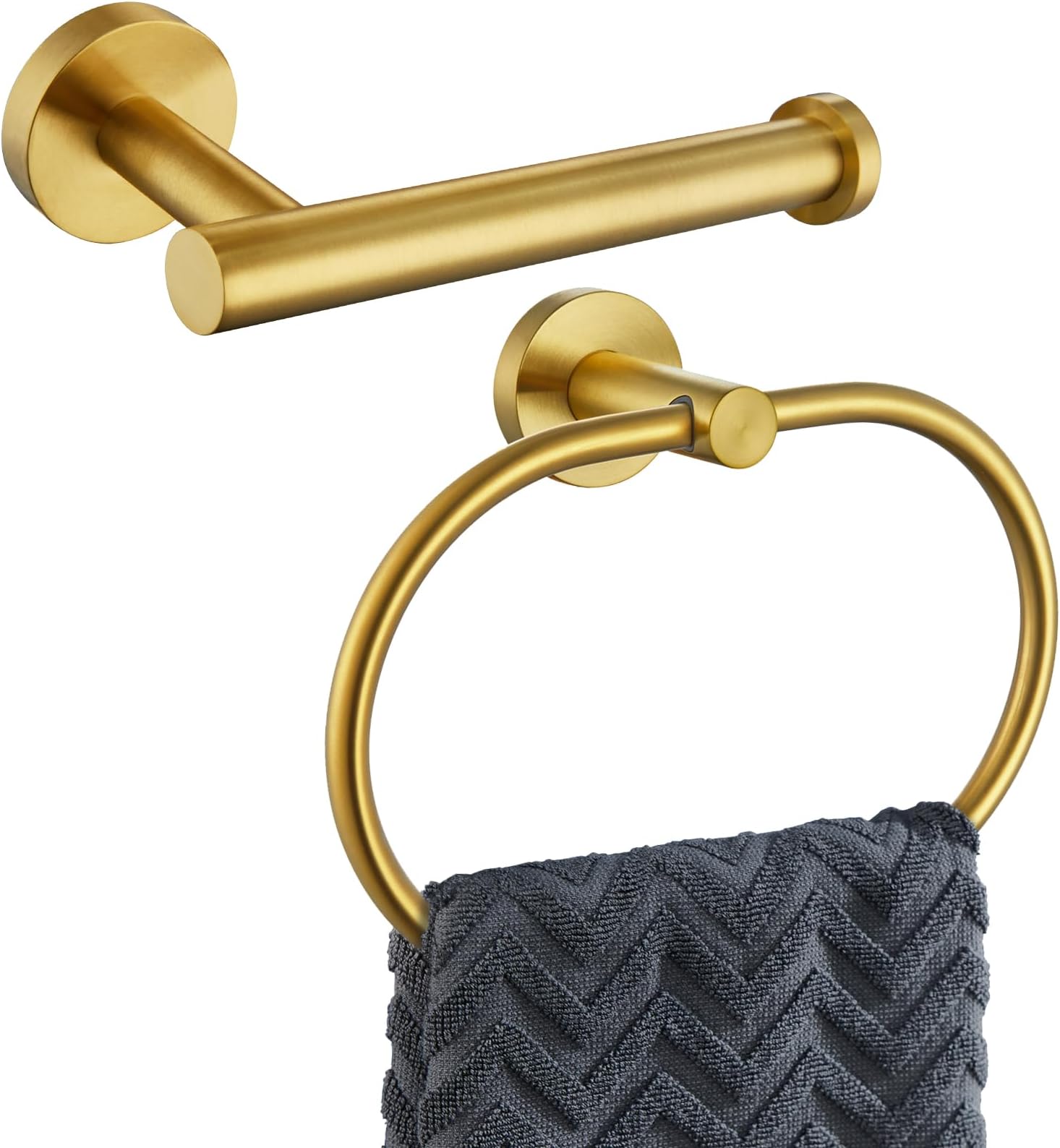 2 Pieces Bathroom Hardware Set Brushed Gold, Contemporary 304 Stainless Steel Storage Accessories Kit with Oval Hand Towel Ring, Toilet Paper Holder Wall Mounted