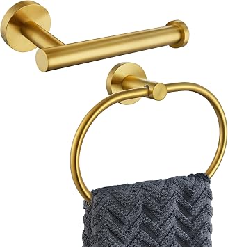 APLusee 2 Pieces Bathroom Hardware Set Brushed Gold, Contemporary 304 Stainless Steel Storage Accessories Kit with Oval Hand Towel Ring, Toilet Paper Holder Wall Mounted