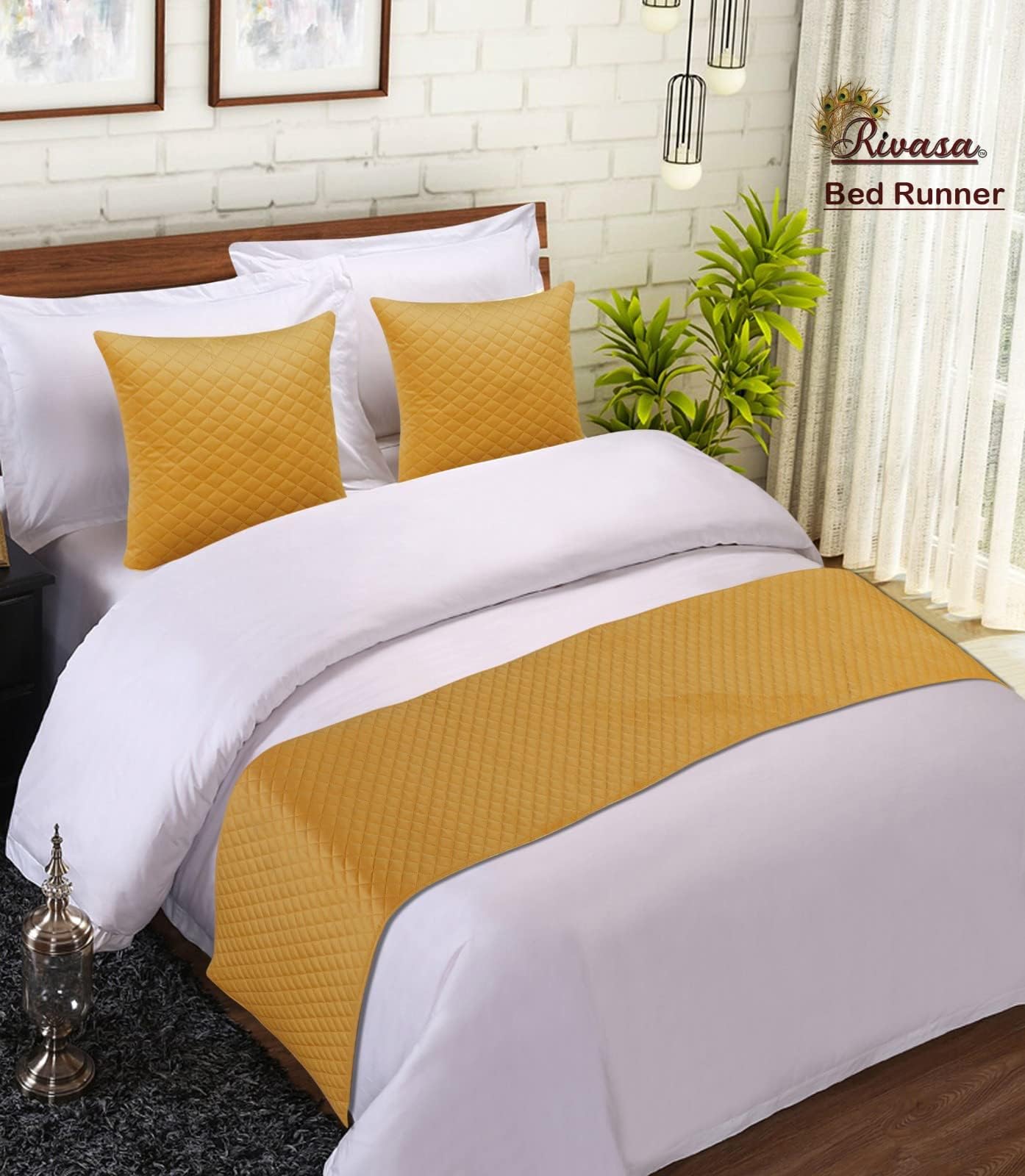 Velvet ultrasonic Quilted Bed Runner (16X100 inch) with 2 Cushion Cover (16X16 inch) (Yellow)