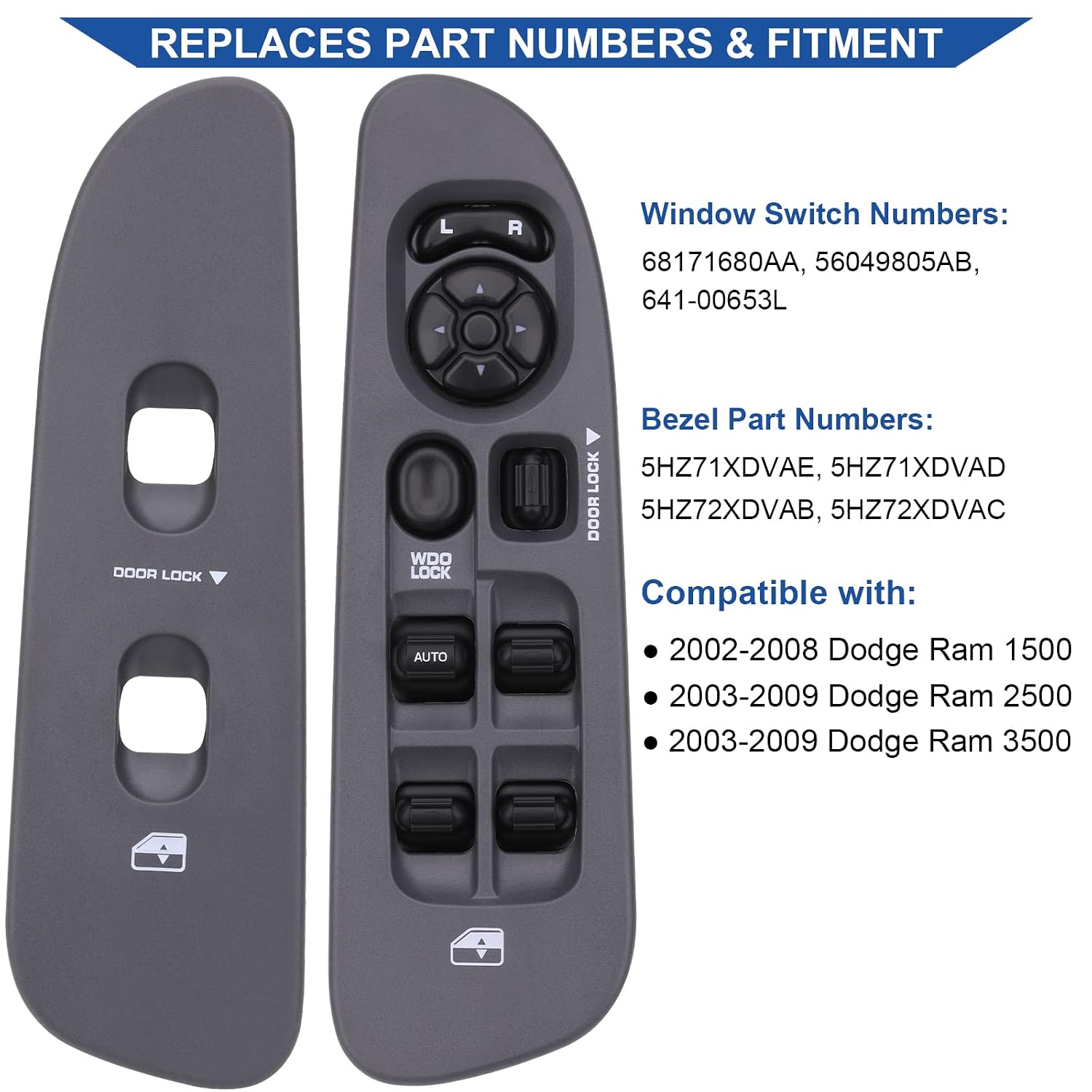 Obaee Power Window Control Switch Button&Bezel(Driver Side)& Window Bezel(Passenger Side) Compatible with 2002-2009 Dodge Ram 1500/2500/3500, Grey