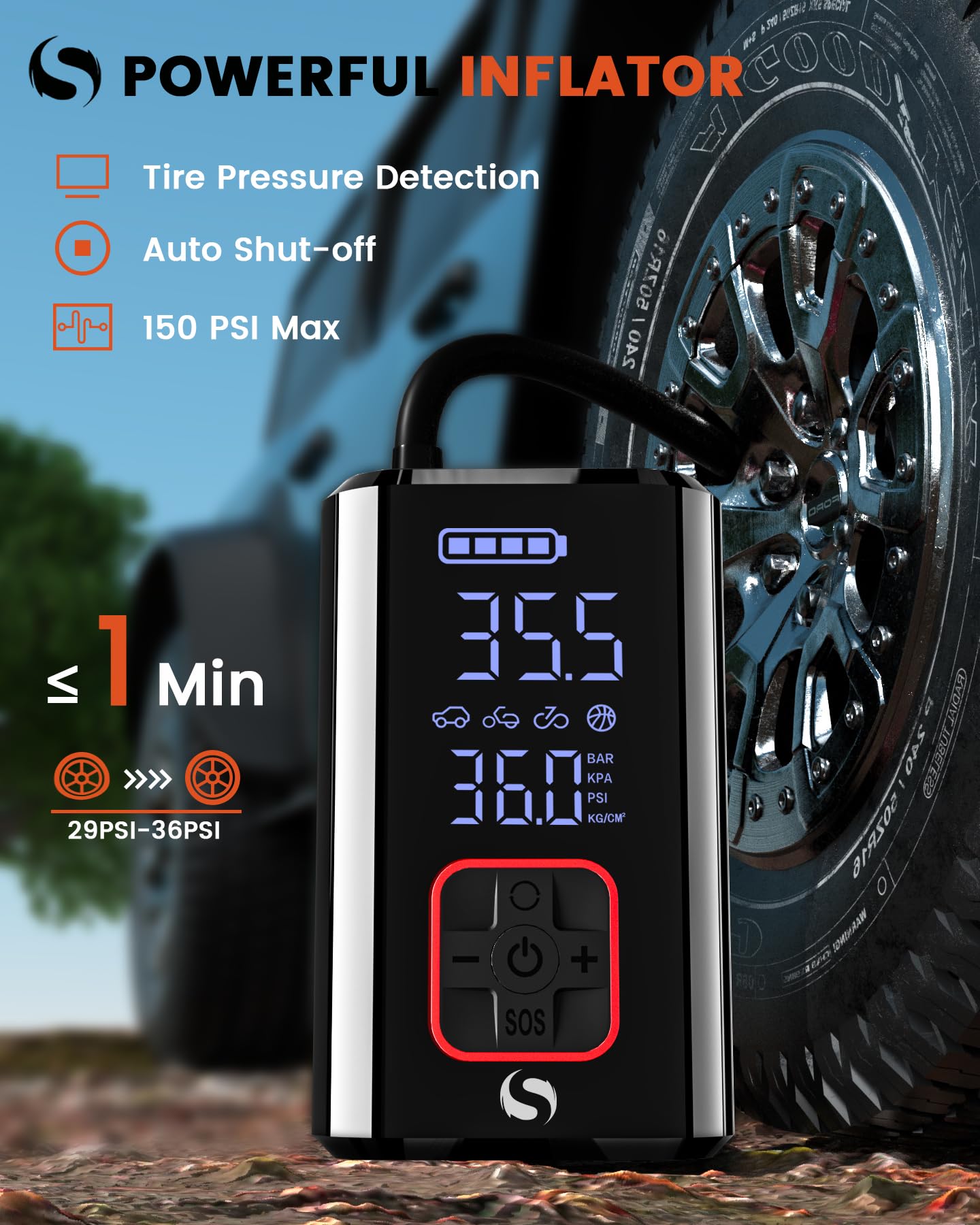 Compressore Aria Portatile Auto, 150PSI con Batteria Ricaricabile, Mini Compressore Portatile 12V DC, Gonfiatore Elettrico Portatile per Auto, Bici, Moto, Pallone