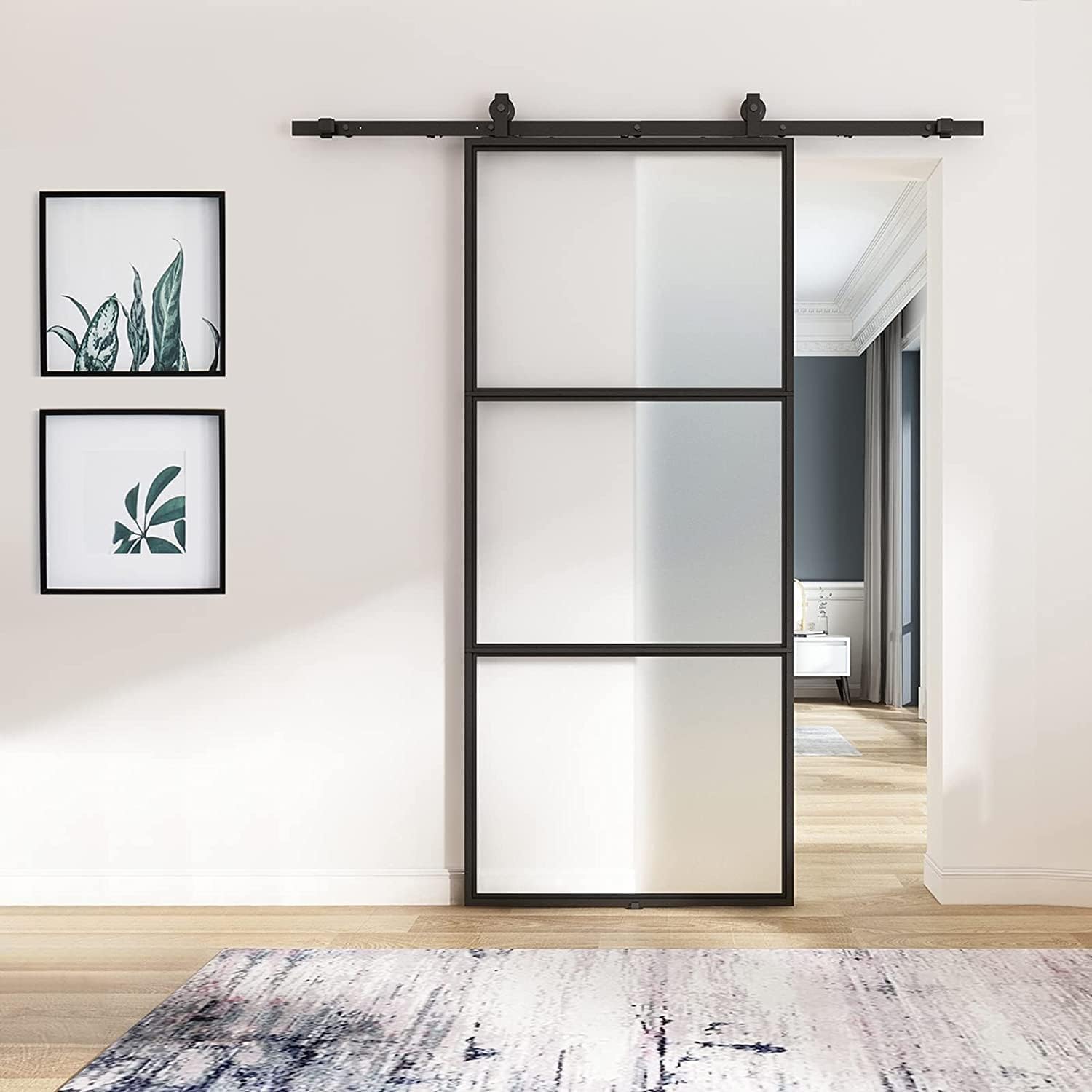 BARNSMITH 36in x 84in Frosted Glass Barn Door with 6FT Top Mounted Hardware kit Include Soft Close Mechanism Black Carbon Steel Tempered Frosted Glass Sliding Door, Assemble Required Easy Installation