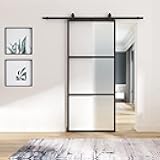 BARNSMITH 36in x 84in Frosted Glass Barn Door with 6FT Top Mounted Hardware kit Include Soft Close Mechanism Black Carbon Steel Tempered Frosted Glass Sliding Door, Assemble Required Easy Installation