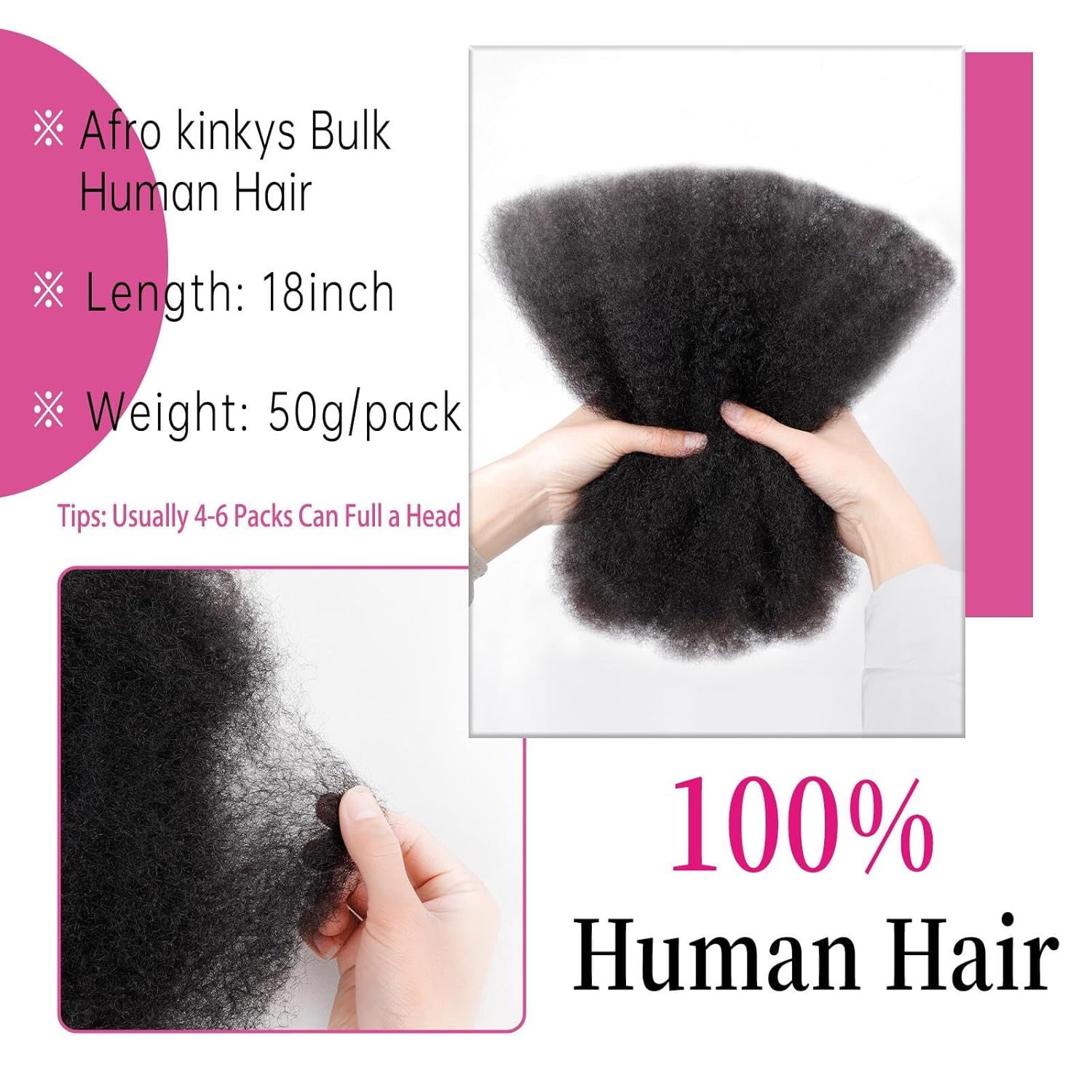 Afro Kinkys Bulk Human Hair For Braiding Afro Kinky-Curly Human Hair Bulk For Mini Twist Hair 18Inchs 50g/pack Bulk Human Braiding Hair For Micro Locs Extensions (1B, 18Inchs,50g/pack)