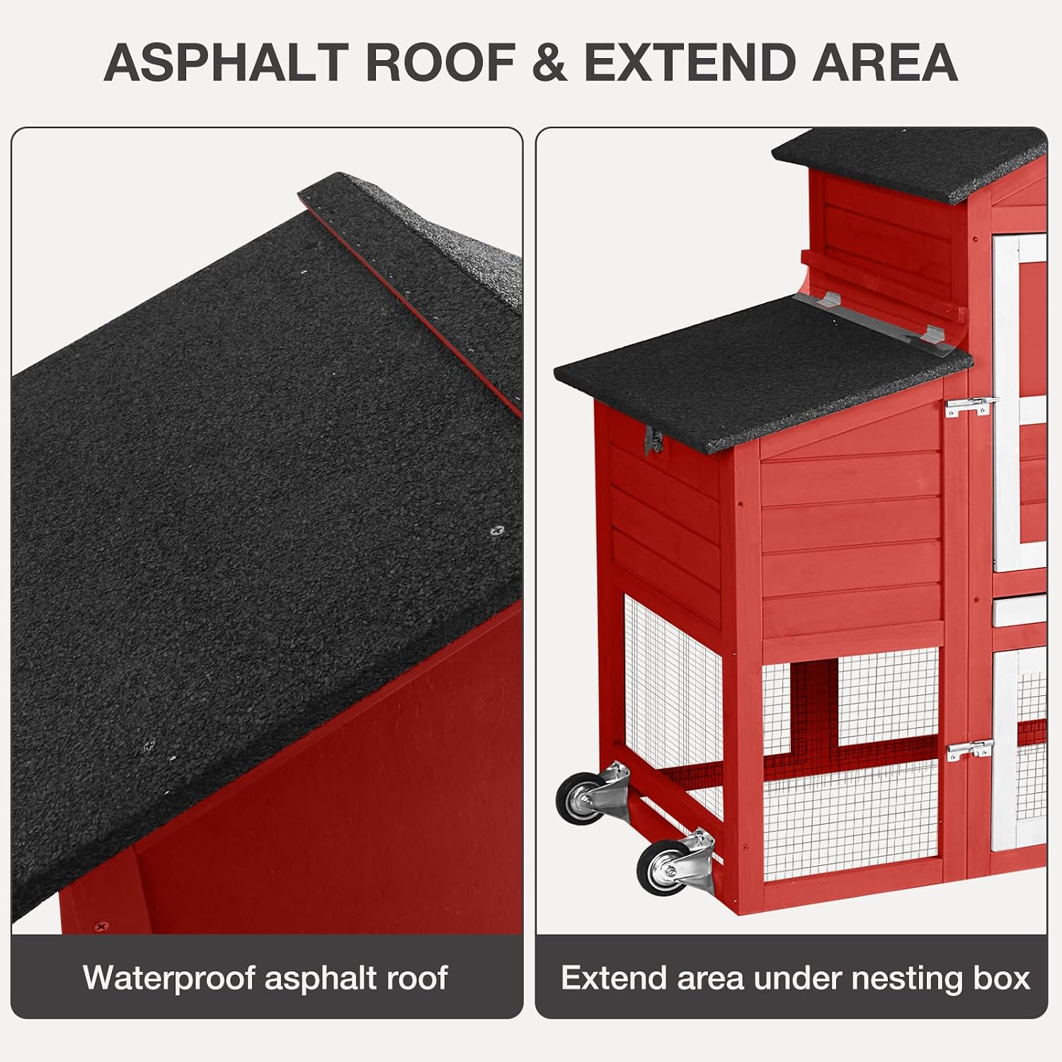 Chicken Coop Outdoor Mobile Chicken House, Expandable Hen House with Wheels, Nesting Box, Leakproof Pull-on Tray and UV-Resistant Roof Panel (Red)
