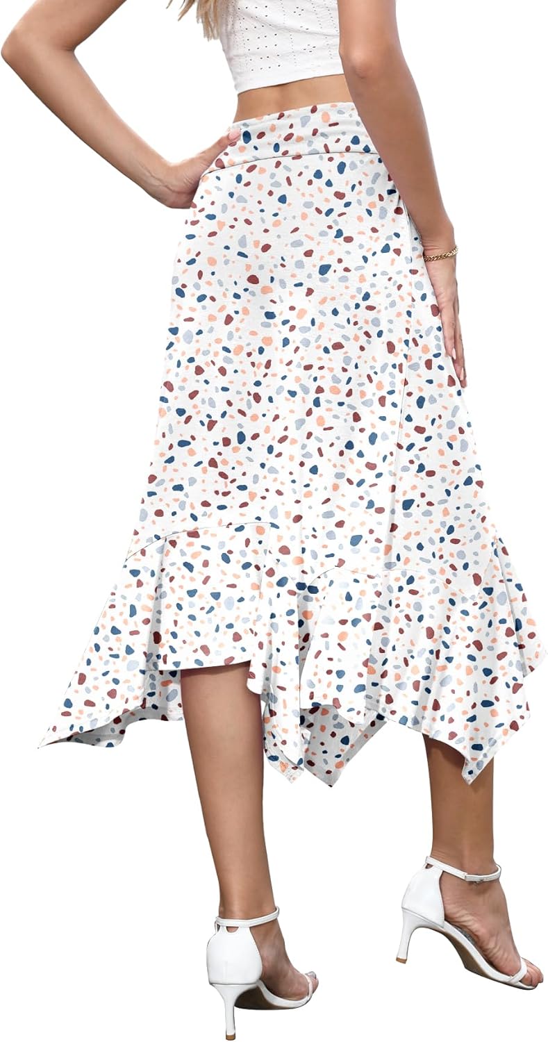 NILOUFO Women's Handkerchief Hemline Midi Skirt Summer Casual Flowy High Waisted Stretchy Skirts