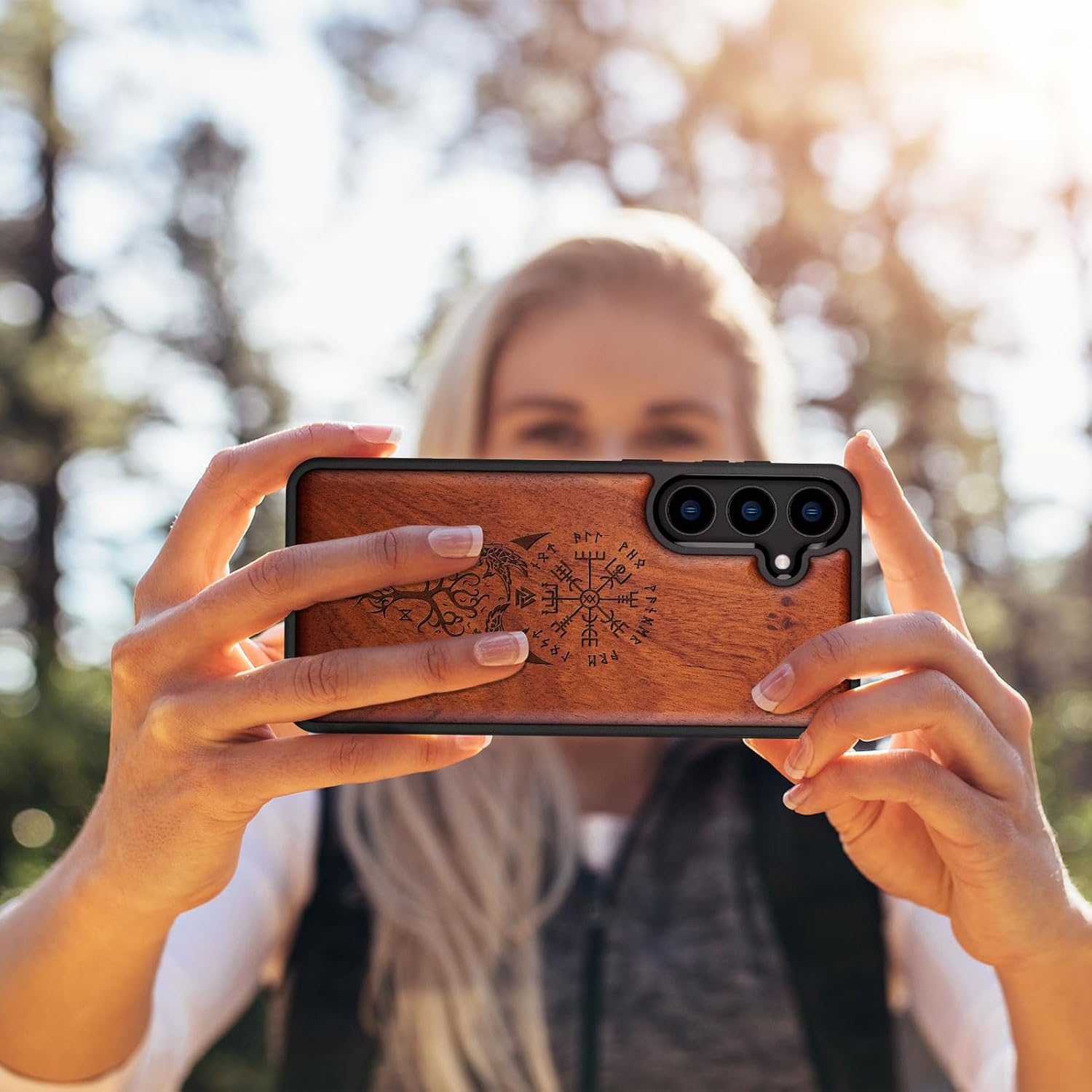 Carveit Wood Case for Galaxy S24 Case [Natural Wood & Black Soft TPU] Shockproof Protective Cover Unique Wooden Design Compatible with Samsung S24 (Viking Compass-Rosy)