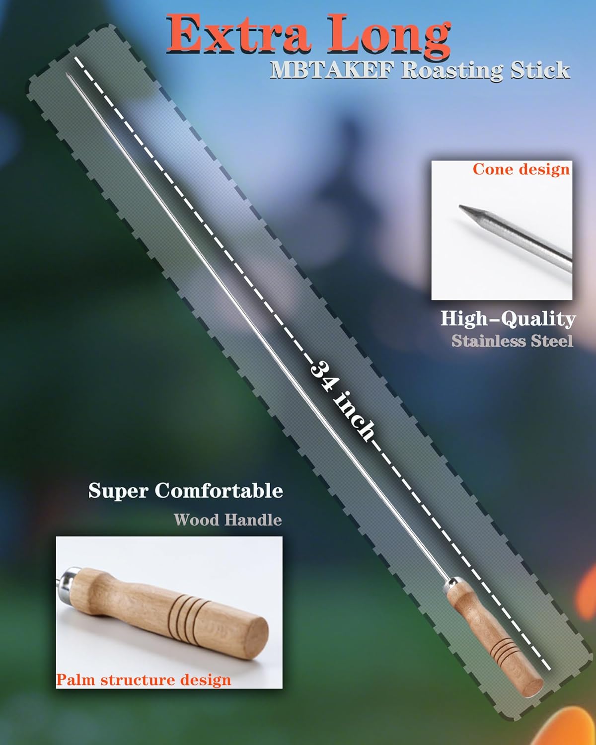 34"(8 PCS) Extra Long Metal Smores Sticks for Fire Pit,Heavy Duty Stainless Steel Marshmallow Roasting Sticks with Wooden Handle,BBQ Barbecue Skewers for Outdoor,Campfire,Grilling,kebob,Hotdog,Sausage