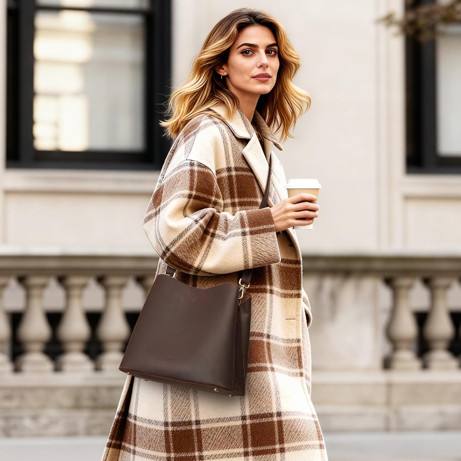 S-ZONE Leather Crossbody Bags for Women Shoulder Bag Multi Compartments Bucket Purses - Image 3