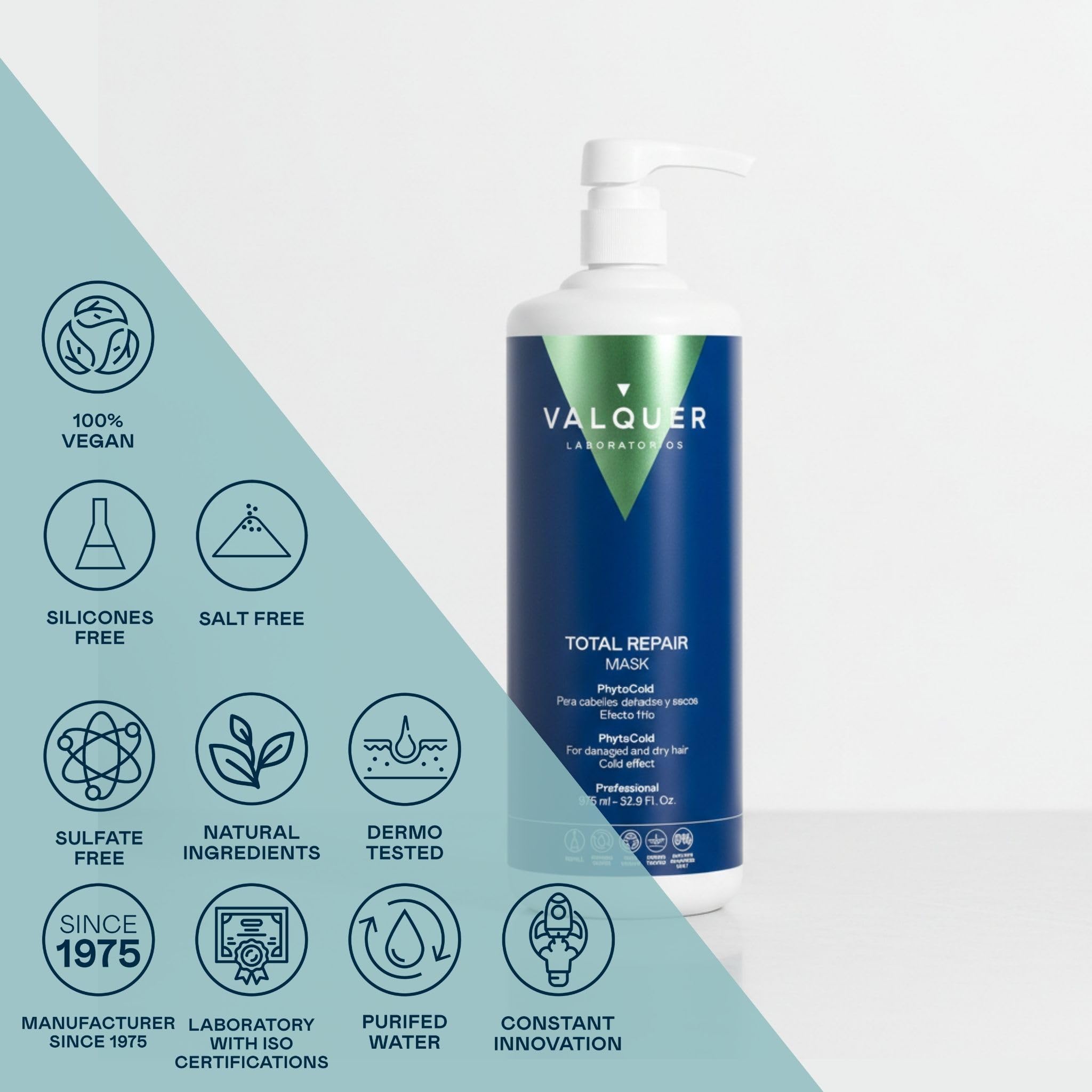 VALQUER Mascarilla Capilar Total Repair Zero Efecto Frío | Hidratante, Reparadora y Nutritiva para Cabello Dañado y Seco | Con Arándano y Aceite de Macadamia | Vegano | 975 ml
