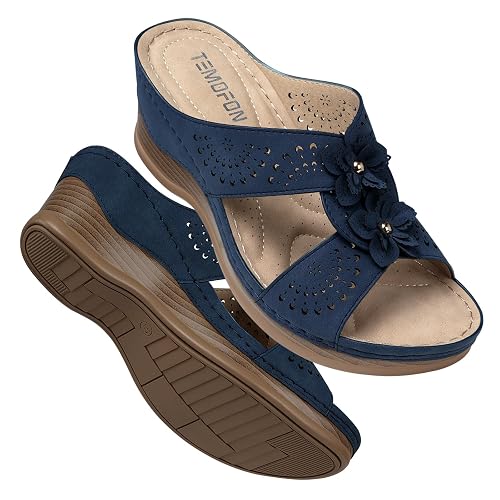 TEMOFON Womens Wedge Sandals Leather: Dressy Sandal, Rubber Sole, Comfortable