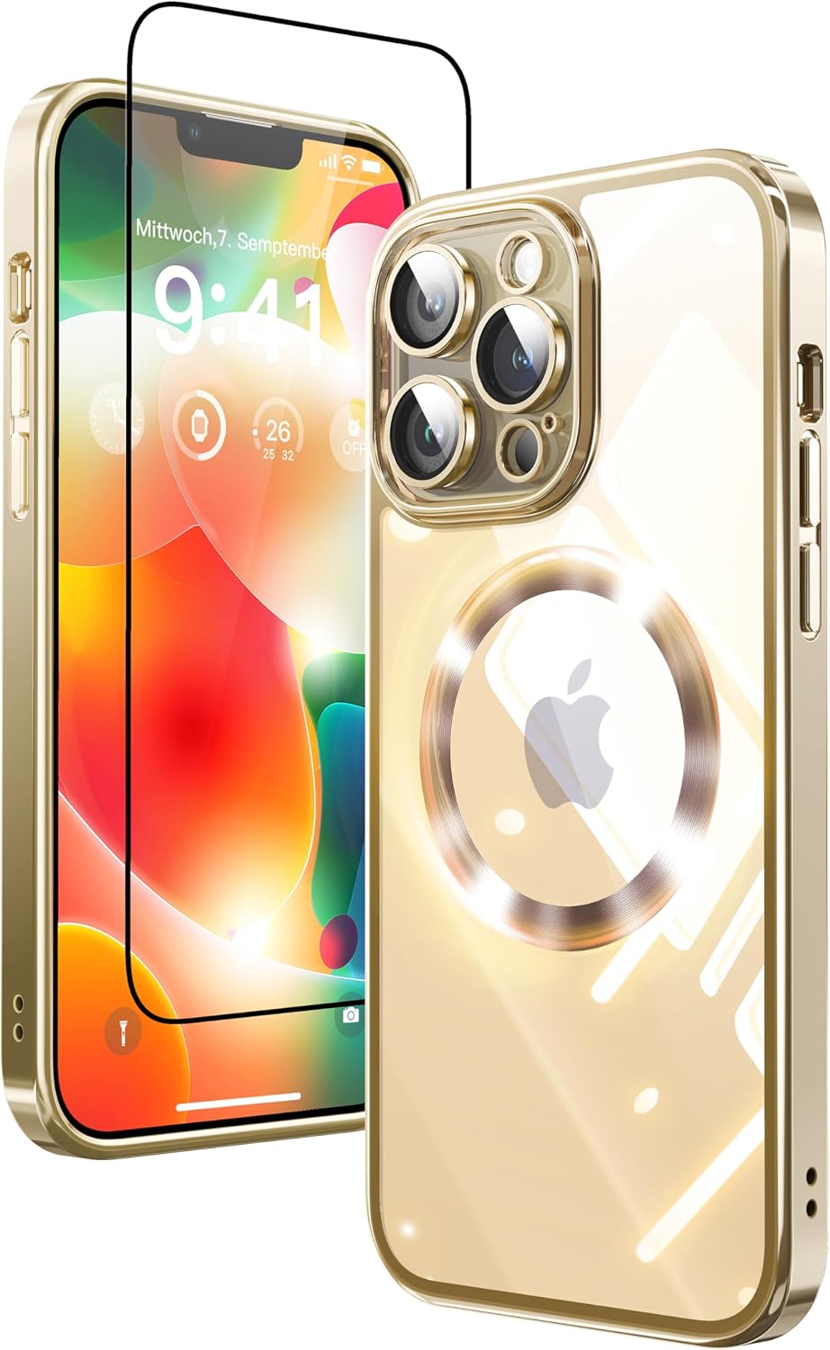 2 in 1 for iPhone 14 Plus Case Crystal Clear, Not Yellowing, Compatible with Magsafe, with 1X Screen Protector + Camera Lens Protector, Shockproof Protective iPhone 14Plus Case, Gold