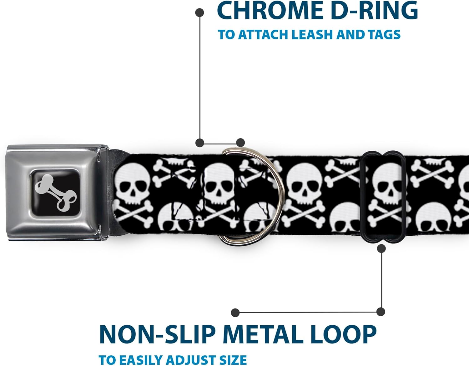 Dog Collar Seatbelt Buckle Skull Cross Bones Staggered Black White 11 to 17 Inches 1.0 Inch Wide