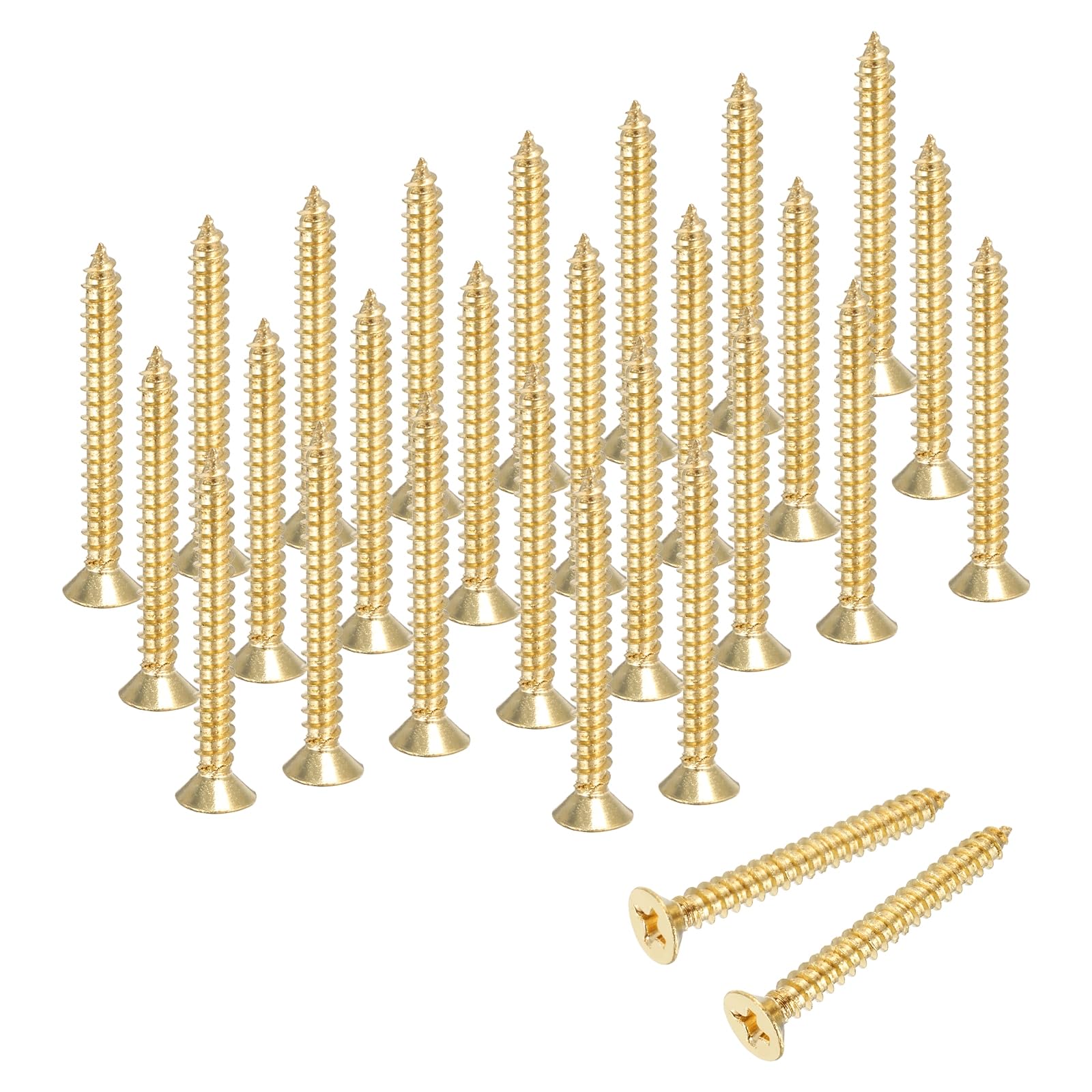 sourcing map Brass Phillips Wood Screws, M3.5 x 30mm Brass Phillips Flat Wood Screws Self-Tapping Furniture Connector for Door Hinges, Wood Crafts and DIY Projects,(Gold Tone, Pack of 28)
