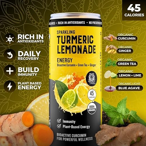 Miniatura 2 de Golden Tiger  Limonada de cúrcuma orgánica espumosa - Energía  Alivio de la inflamación, apoyo inmunológico y bebida energética diaria  Curcumina