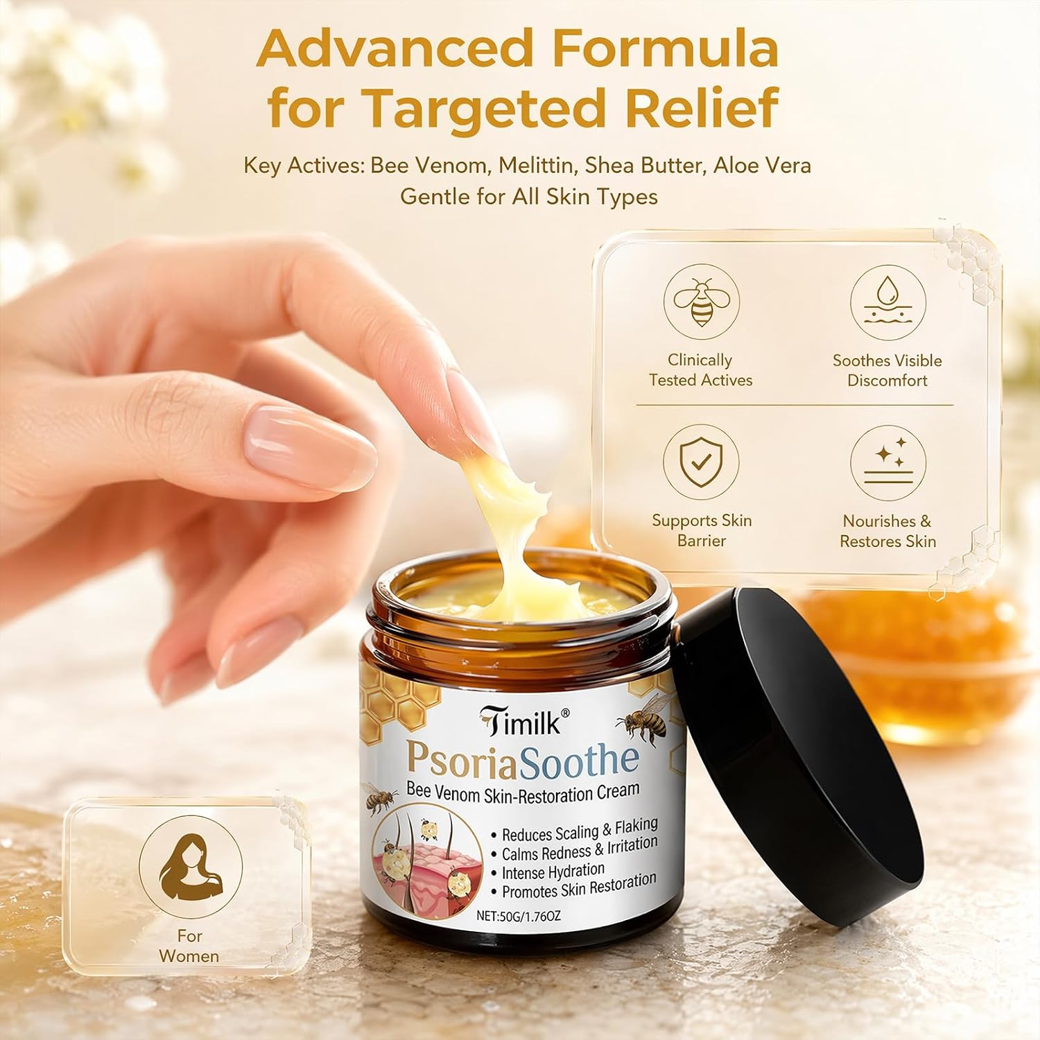 TLOPA Timilk PsoriaSoothe Bee Venom Skin-Restoration Cream, Professional Bee Venom Cream with Melittin, Shea Butter & Aloe, Gentle for Elbows, Knees, Scalp for All Skin Types (2PCS)
