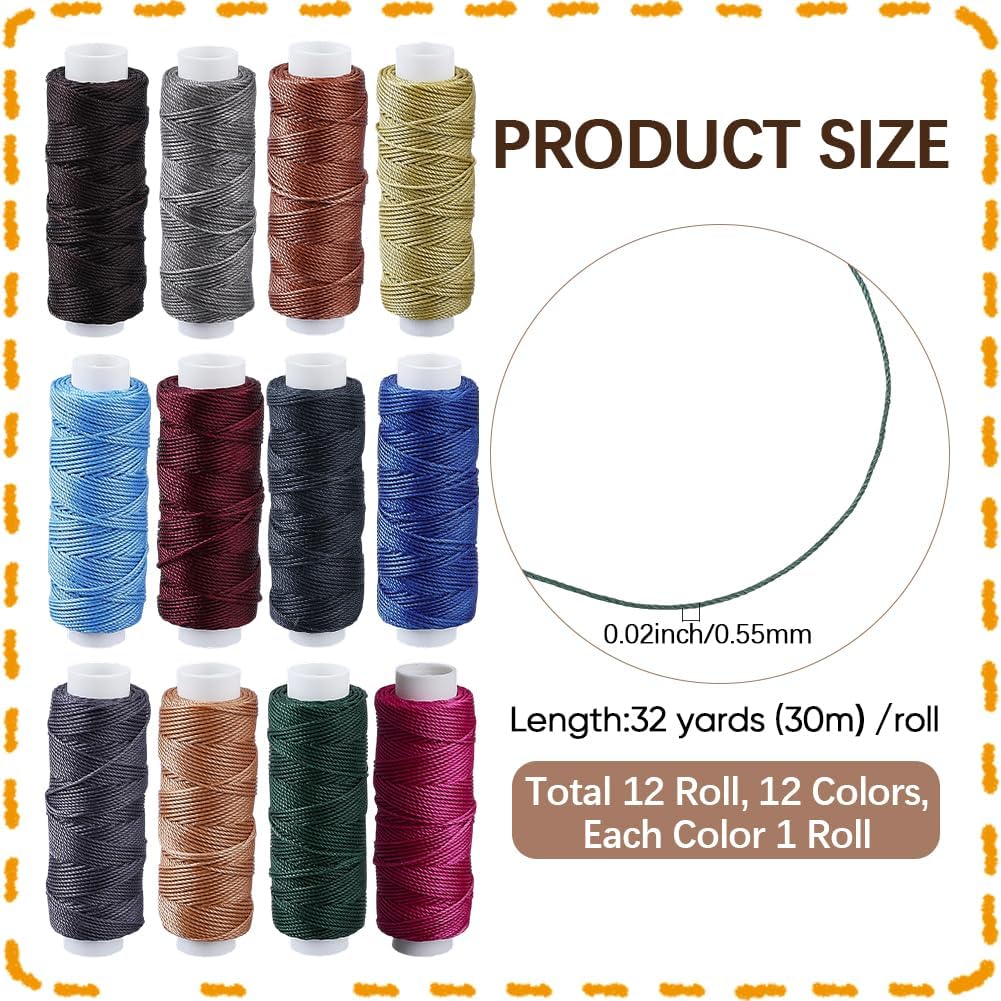 393.7 Yards 12 Colors 0.5mm Wax Coated String Thin Lace Cord Round Waxed Thread for Leather Upholstery Sewing Stitching Bookbinding Beading Micro Knotting Braiding
