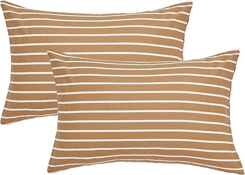 Miniatura 9 de JELLYMONI Juego de fundas de almohada 100% algodón natural a rayas, paquete de 2 fundas de almohada con estampado de rayas blancas y caqui con